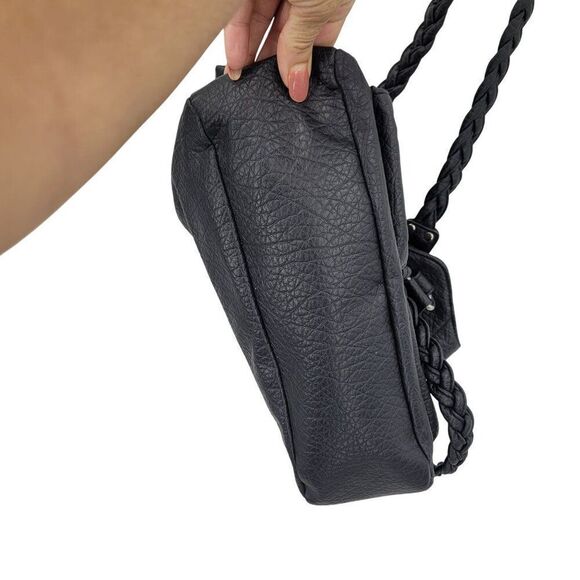 Black Braided Handle Vegan Faux Leather Shoulder Bag Multiple Compartments - Picture 5 of 13